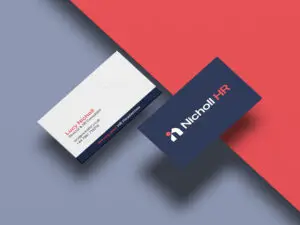 Nicholl HR business card design in navy, coral and white