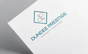 Dundee Prestige Property Services logo design with a teal monogram and shield