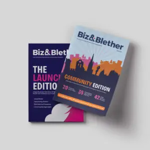 Biz&Blether magazine cover designs for the launch and community editions